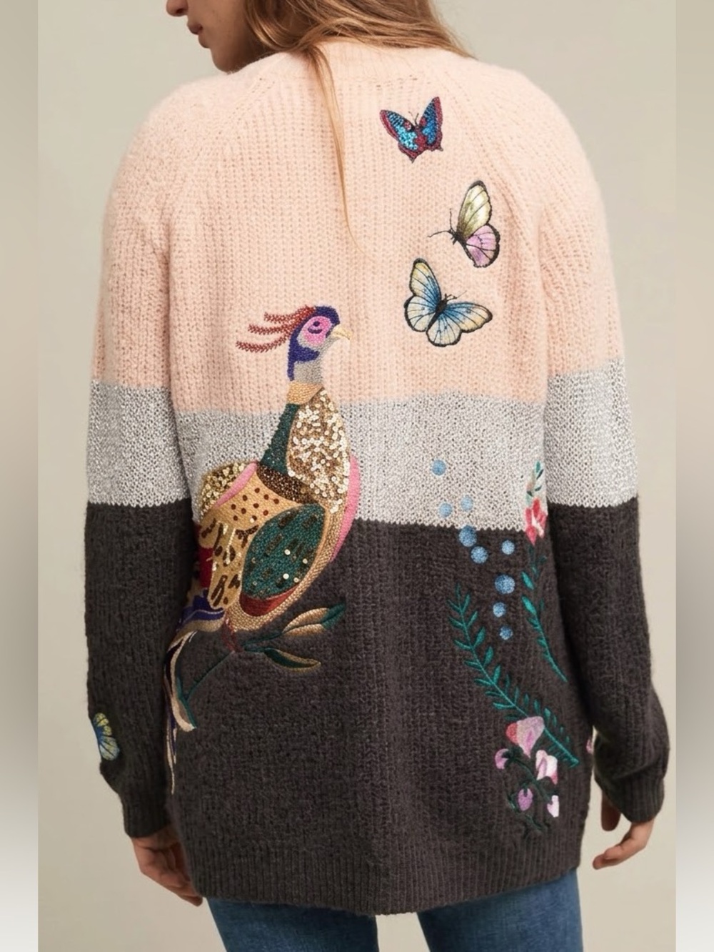 HWR Anthropologie Embroidered Sequin Pheasant Butterfly Cardigan Sweater M